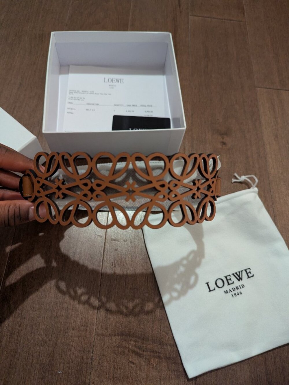 Loewe Anagram Cut-Out Leather Belt Tan Cognac Size 3.5 With Box Dustbag Receipt